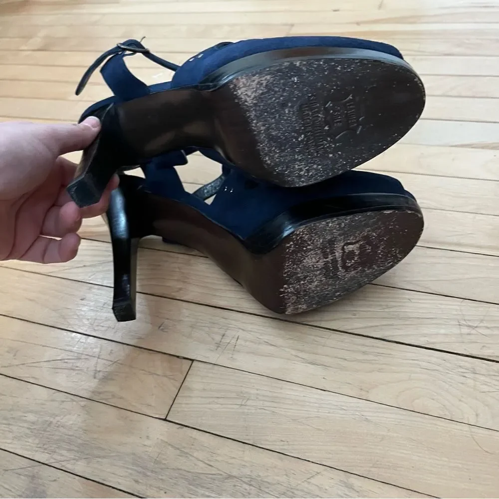 Stuart Weitzman Navy Blue Suede T-Strap Platform Heels - Picture 9 of 11
